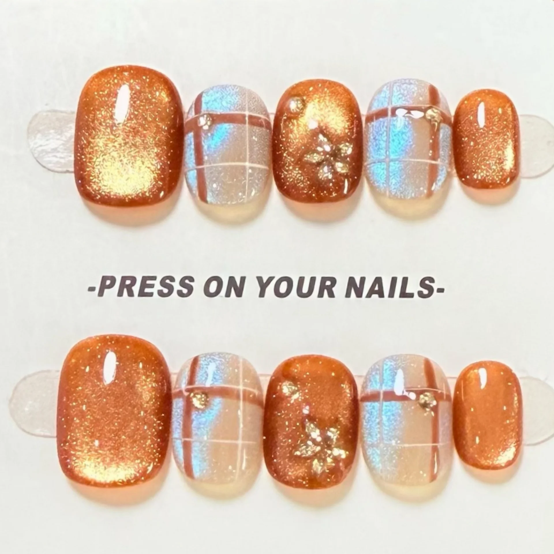(a296-m) Paquete De 10 Uñas Postizas Hechas A Mano, Estilo Ojo De Gato, Cortas, Cuadradas, Redondas, De Ajuste A Presión.