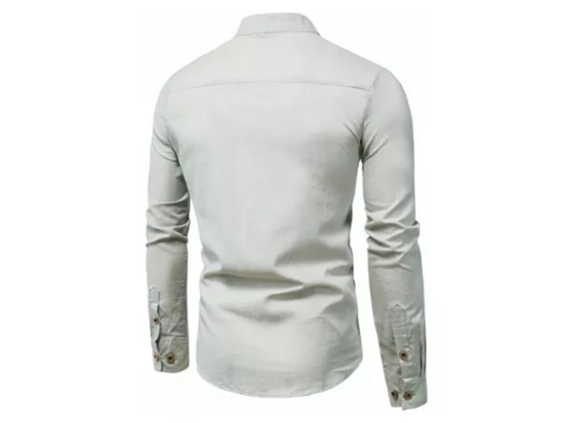 Camisa De Vestir Gris De Manga Larga Con Cuello Henley Y Corte Ajustado Para Hombre, Ideal Para El Trabajo O La Oficina - Talla L