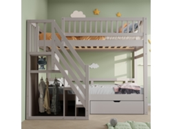 Litera de madera maciza de 90 x 200 cm con barrera protectora, somier de láminas, escalera con espacio de almacenaje y cajones, color gris.