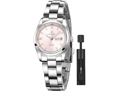 VEANXIN Relojes de pulsera con pulsera de acero inoxidable plateado para mujer-Rosa blanca