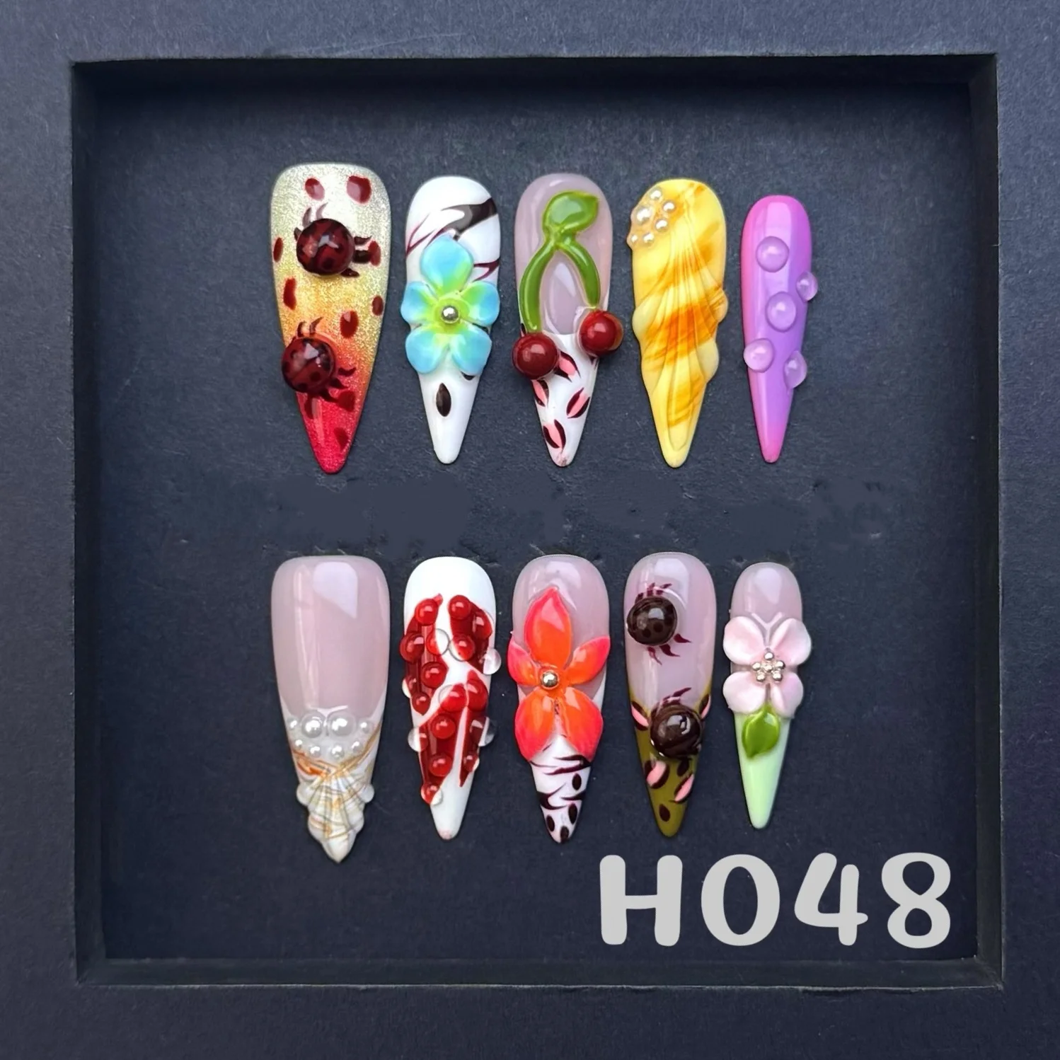 (h048-s) 10 Pegatinas Para Uñas Con Forma De Almendra, Prensadas A Mano.