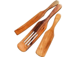 2026-41997-set De 3 Utensilios De Cocina De Teca Natural, Espátula Ranurada, Cuchara Y Colador Para Cocinar Y Mezclar