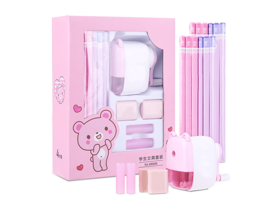 Set De Papelería Estudiantil Bonito Con Lápices Sacapuntas Manual Goma De Borrar Estilo Cariñoso Para Colegio Rosado