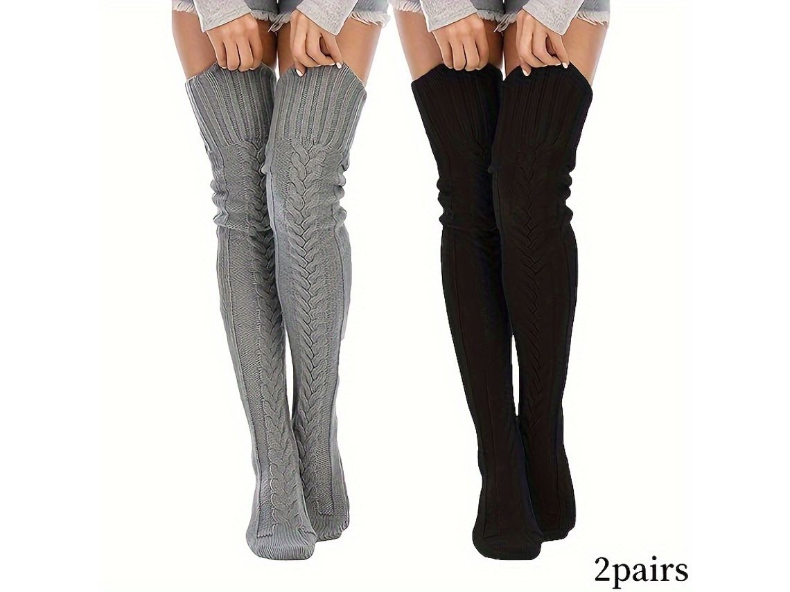 2 Pares De Calcetines Por Encima De La Rodilla, Calcetines De Punto Cálidos Hasta La Rodilla, Medias De Invierno Cómodas (negro-gris) Cuich