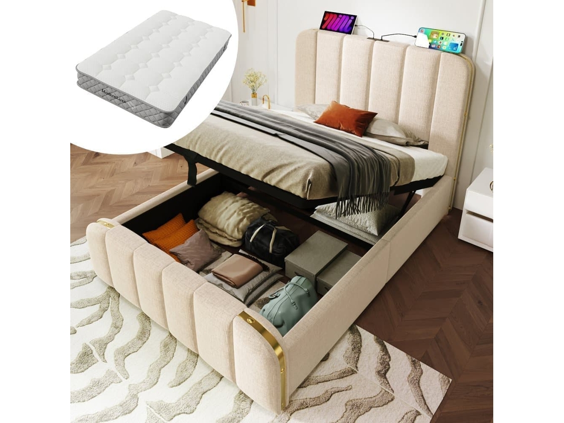 Cama Polsterbett 90x200 - Cabezales Con Tiras Doradas, Carga Usb-c, Beige