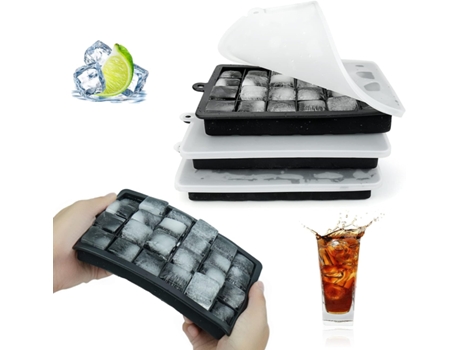 Juego de 3 cubiteras de silicona con 24 cavidades, color negro, con tapa