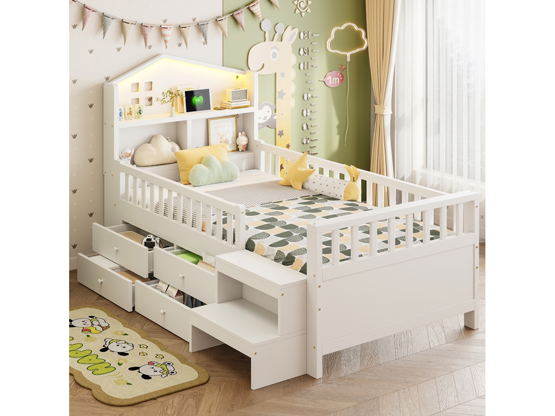 Cama Infantil De Madera De 90x200 Cm Con Barandilla, 4 Cajones, Led, Usb, Blanca.