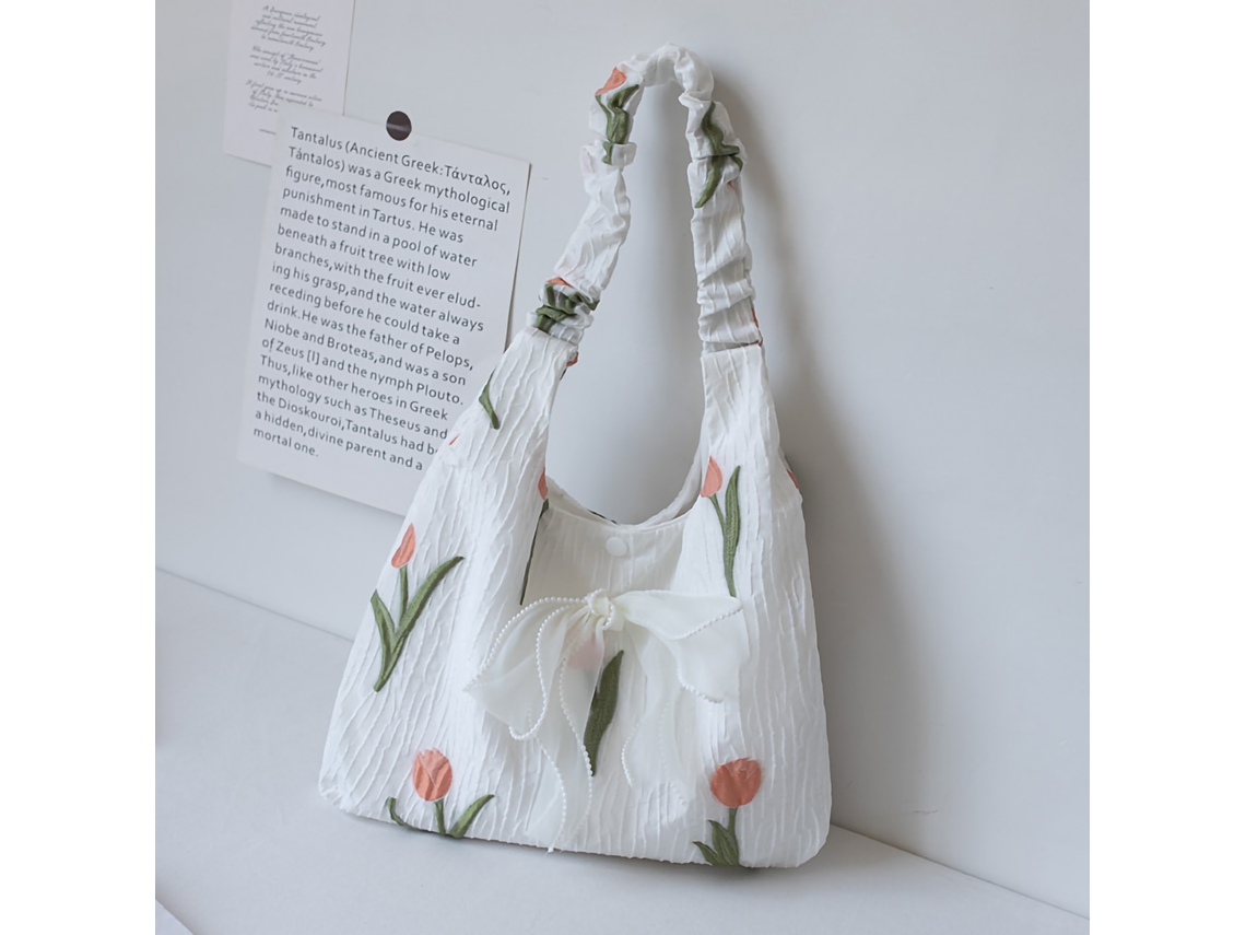 Bolsa De Hombro De Lona Con Flores Tulipanes, Estilo Japonés, Capacidad Grande, Ideal Para Escuela Y Verano, Versátil Y Bonita