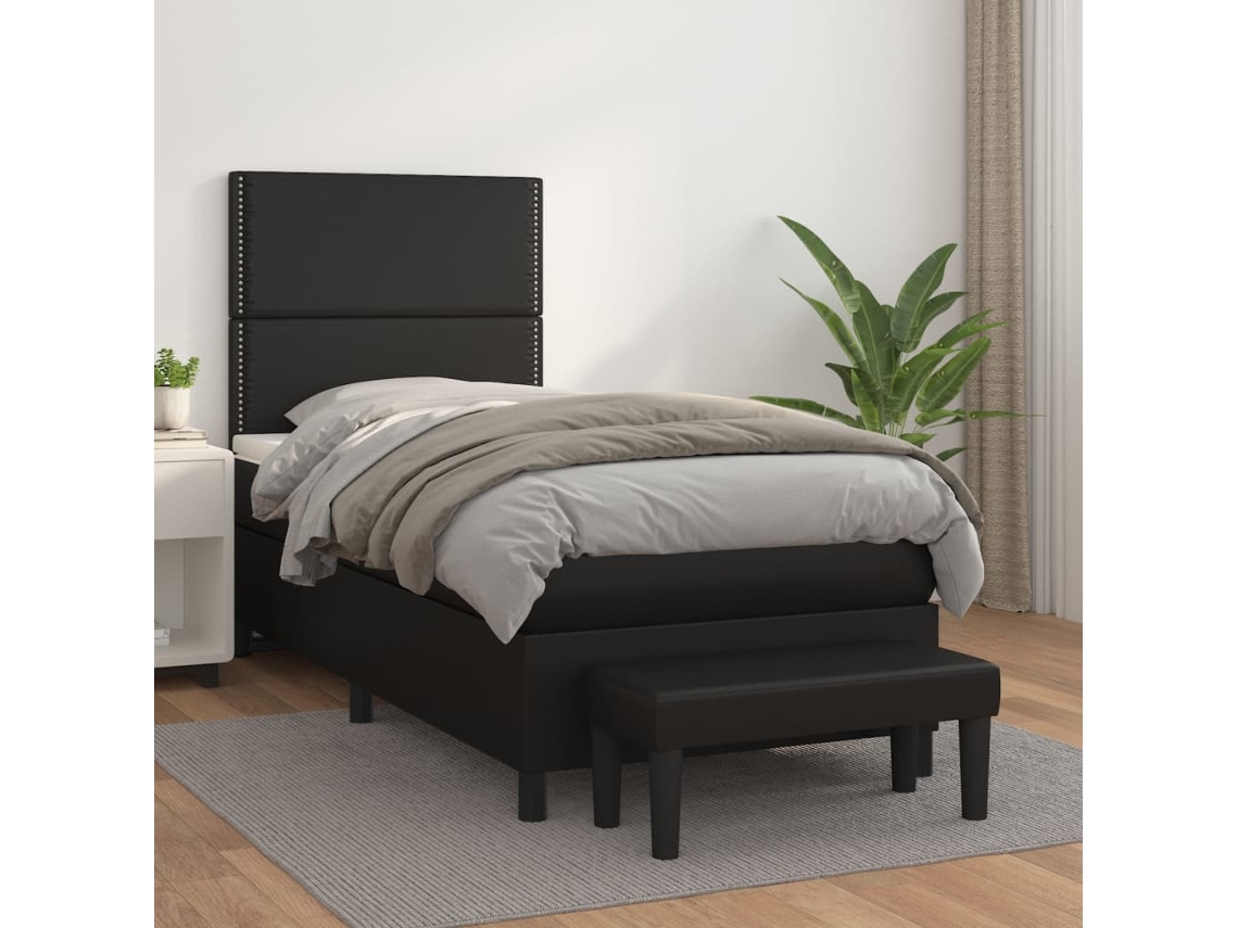 Cama Box Spring Con Colchón Cuero Sintético Negro 100x200 Cm