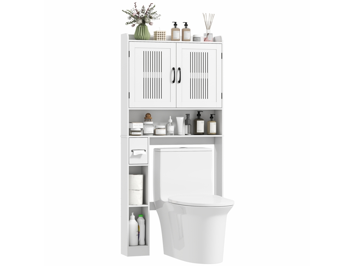 Estante Encima Del Inodoro, 2 Puertas, Con Portarrollos De Papel Higiénico Blanco.