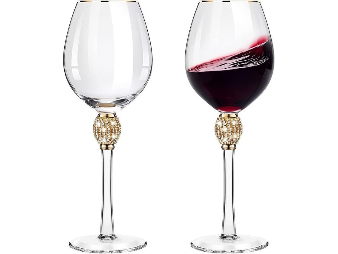 2 Copas De Vino Con Forma De Tulipán Adornadas Con Diamantes De Imitación, Tallo Largo, Vidrio Sin Plomo, Acabado Dorado.