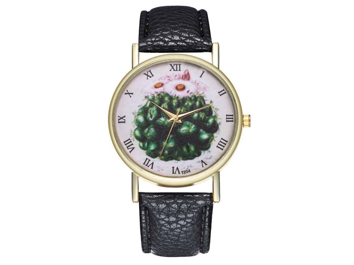 Reloj De Cuarzo Con Correa De Cuero Pu, Dial De Cactus, Unisex (negro)