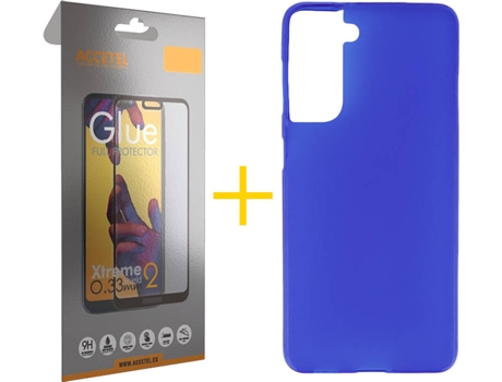 Carcasa y Protector de Pantalla de Vidrio Full Samsung S21 Plus ACCETEL Silicona Lisa Azul