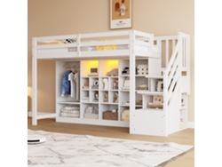 Cama Alta De 90 X 200 Cm, Con Armarios De Almacenaje Con Múltiples Compartimentos Y Un Armario Sencillo