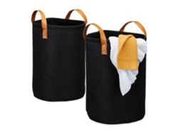 Cesto Para Roupa Suja Relaxdays, 28 L, Dobrável, Feltro, Pegas Em Couro, Axd: 47x30 Cm, Preto