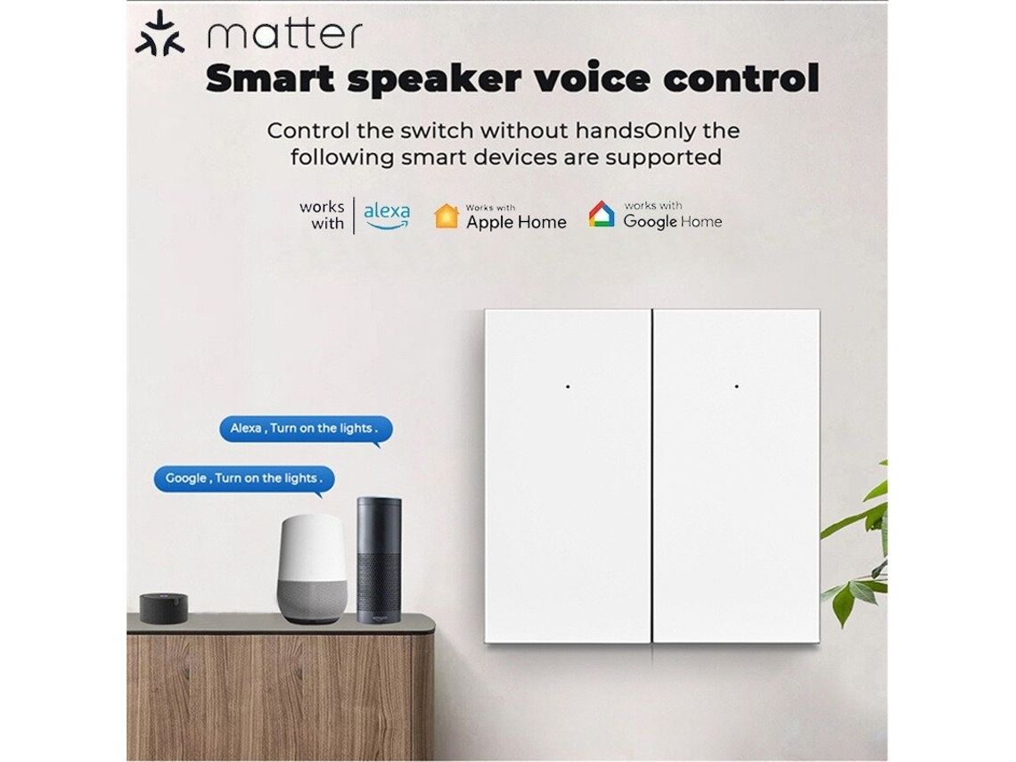 Interruptor de luz LED inteligente Matter Wifi, 2 unidades, sin neutro, control por voz con HomeKit, Alexa y Google Home.
