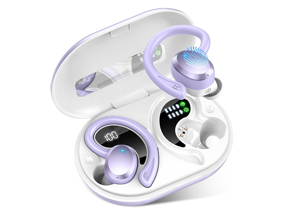 Auriculares Deportivos Morado Bluetooth 5.4 68h Pantalla Led 4 Micrófonos Enc Ip7 Clips