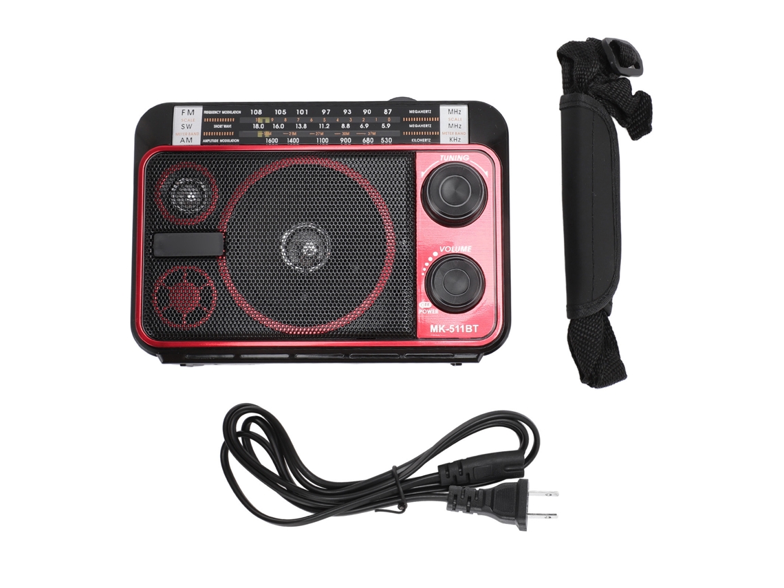 Radio Portátil Multibanda Fm Am Sw Bluetooth 5.0 Con Antena Telescópica, Color Negro/rojo, Enchufe Estadounidense, 110 V.