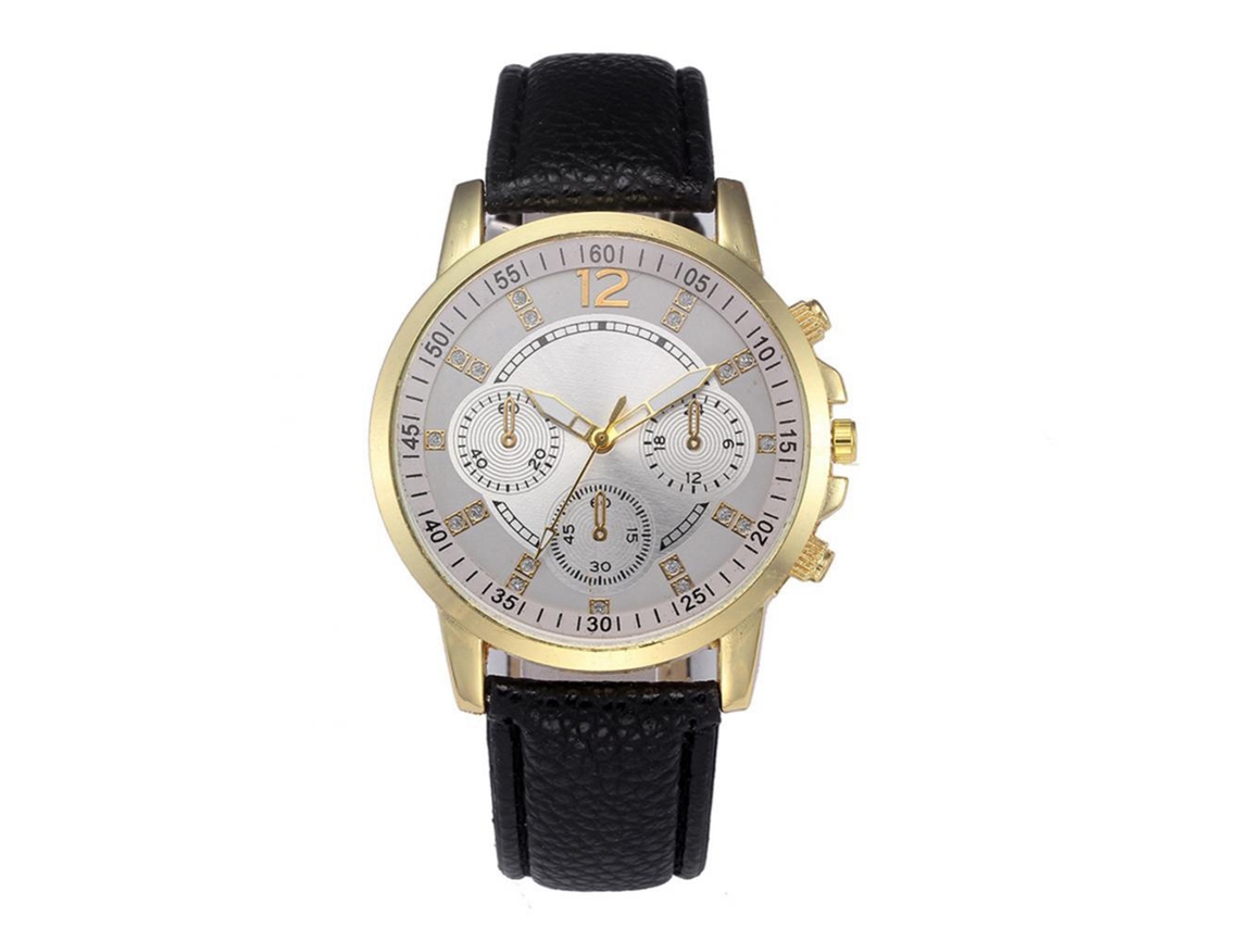Reloj De Cuarzo Para Hombre Con Correa De Cuero Pu Marco Dorado De Tres Ojos Casual Fashion Negro