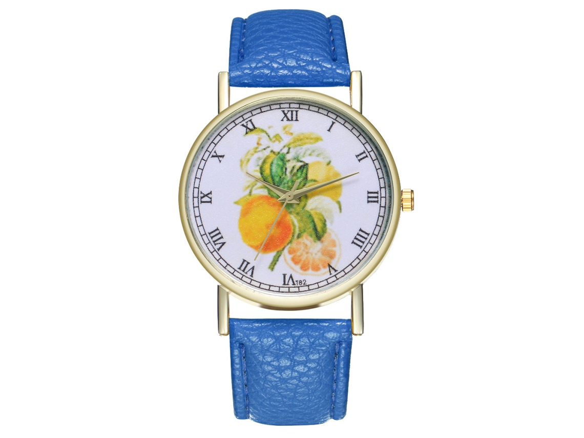 Reloj De Pulsera De Cuero Con Estampado De Frutas Moda Cuarzo Unisex Azul