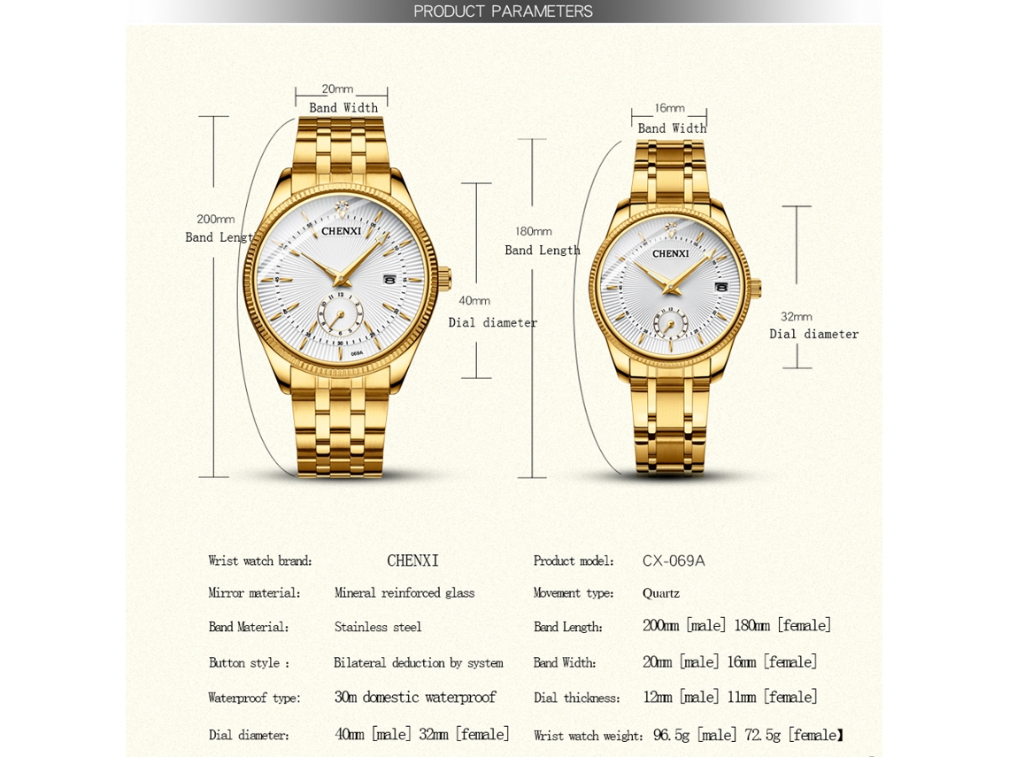 Relógios De Casal Chenxi Quartz Com Pulseira De Aço Inoxidável Ponteiro Luminoso 3atm Resistente À Água Para Pares