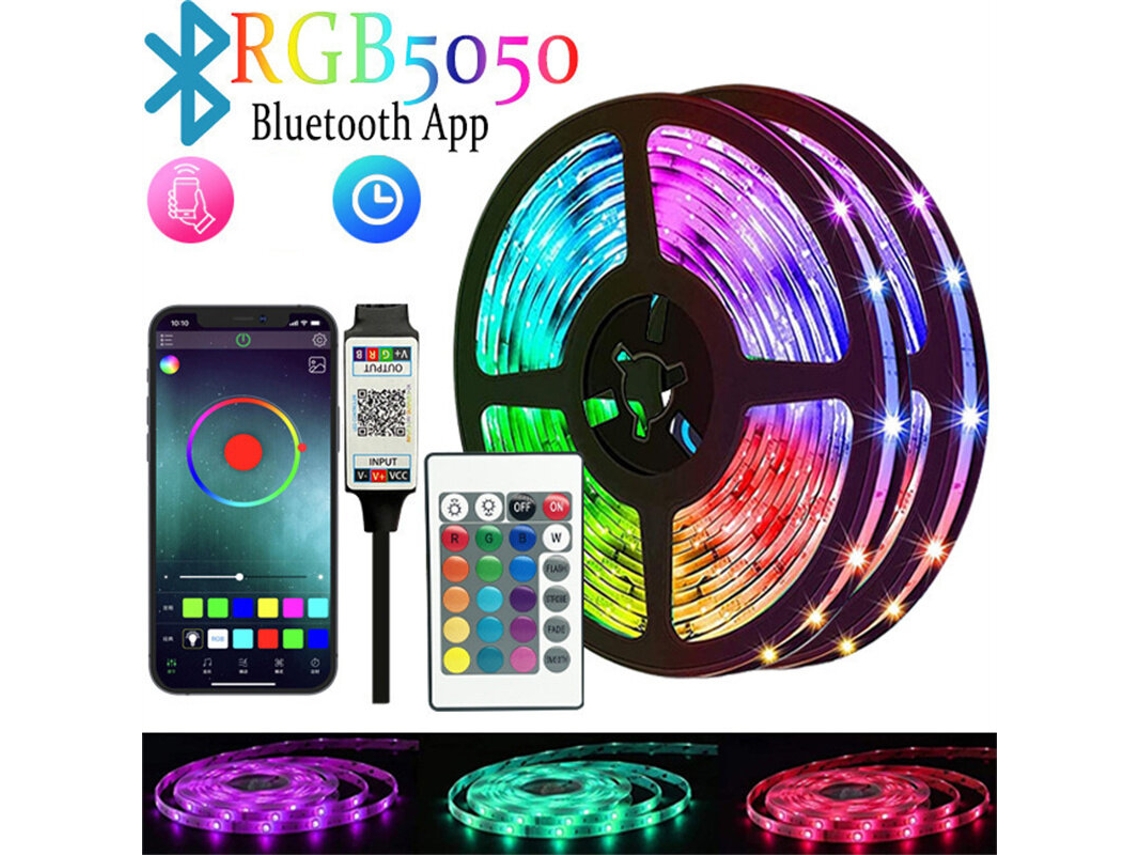 Elfeland - Kit de tira LED RGB 5050 de 5 m con control remoto Bluetooth, 5 V, 30 LED/m, tira adhesiva flexible y recortable, clasificación IP20, para decoración del hogar (1 m, 2 m, 5 m)
