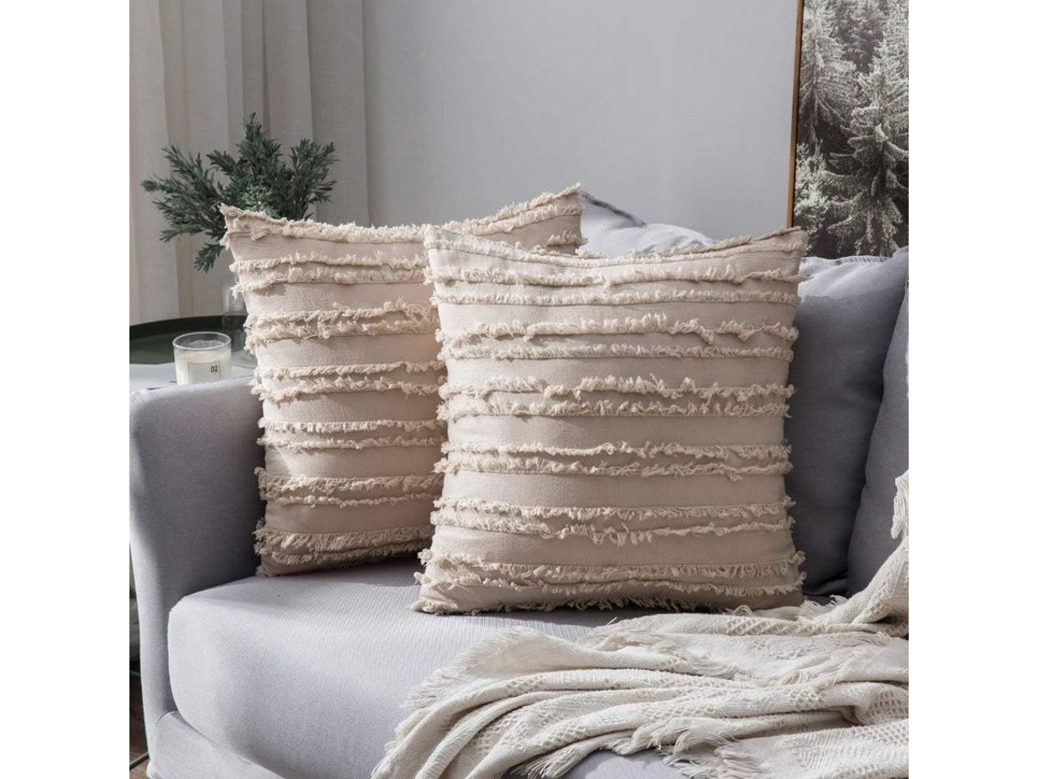 2026-2 Fundas De Almohada Decorativas Boho Estampado Rayado Jacquard Lino 45x45 Cm Beige Para Sofá Sala Dormitorio