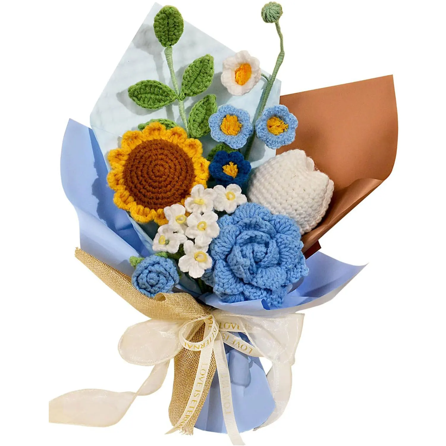 (azul) Ramo De Girasoles Tejido A Mano A Crochet, Ideal Para La Decoración Del Hogar Y Como Regalo.