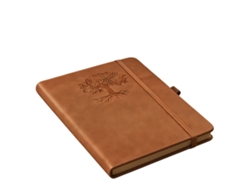 Agenda marrón con estampado de árboles.