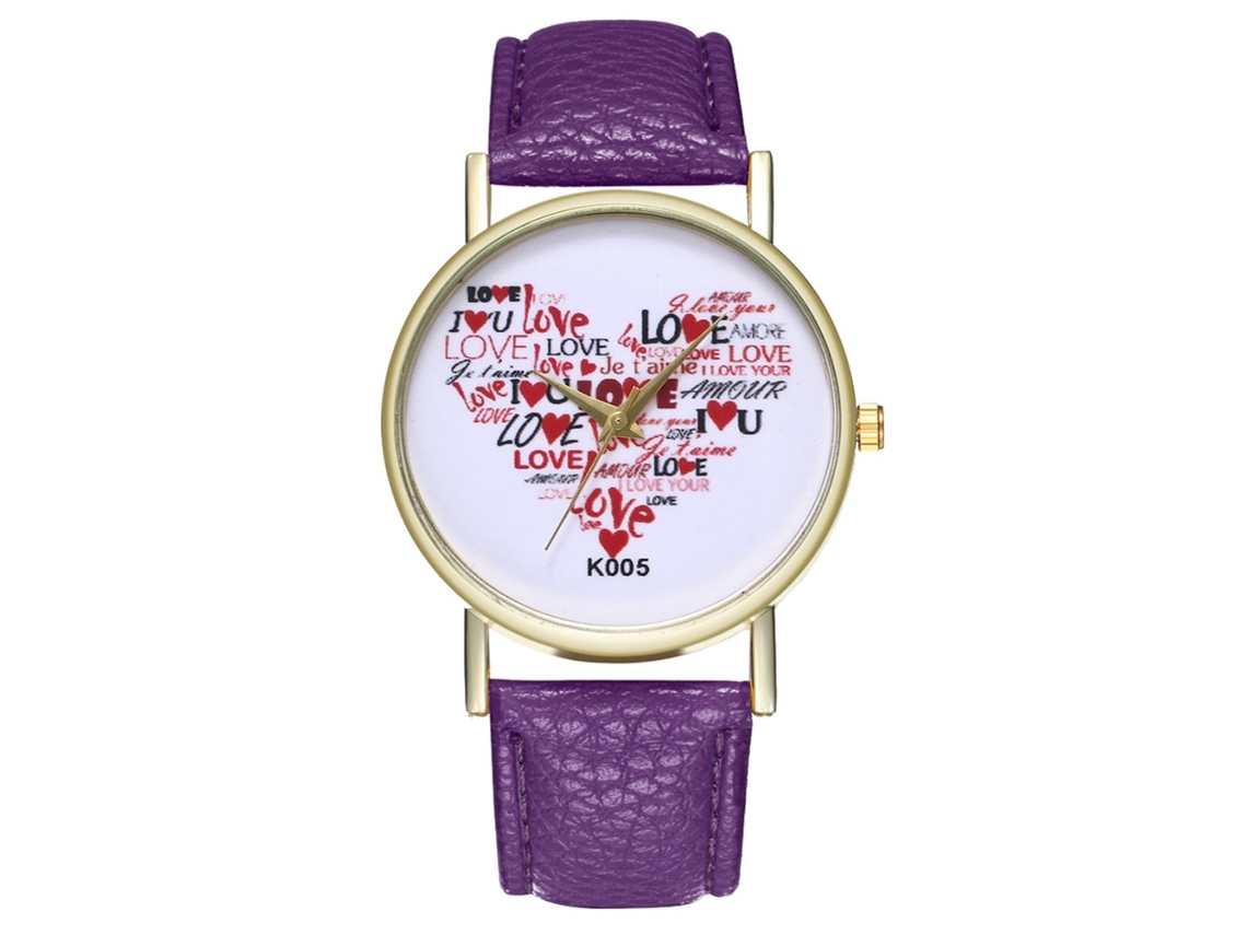 Reloj De Pulsera Para Parejas Con Estampado De Corazón En Piel Sintética Morada Y Movimiento De Cuarzo.
