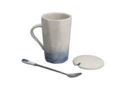 Taza De Cerámica Con Diseño Pintado, 400 Ml, Con Cuchara Y Tapa Para Café, Hogar, Oficina, Azul.