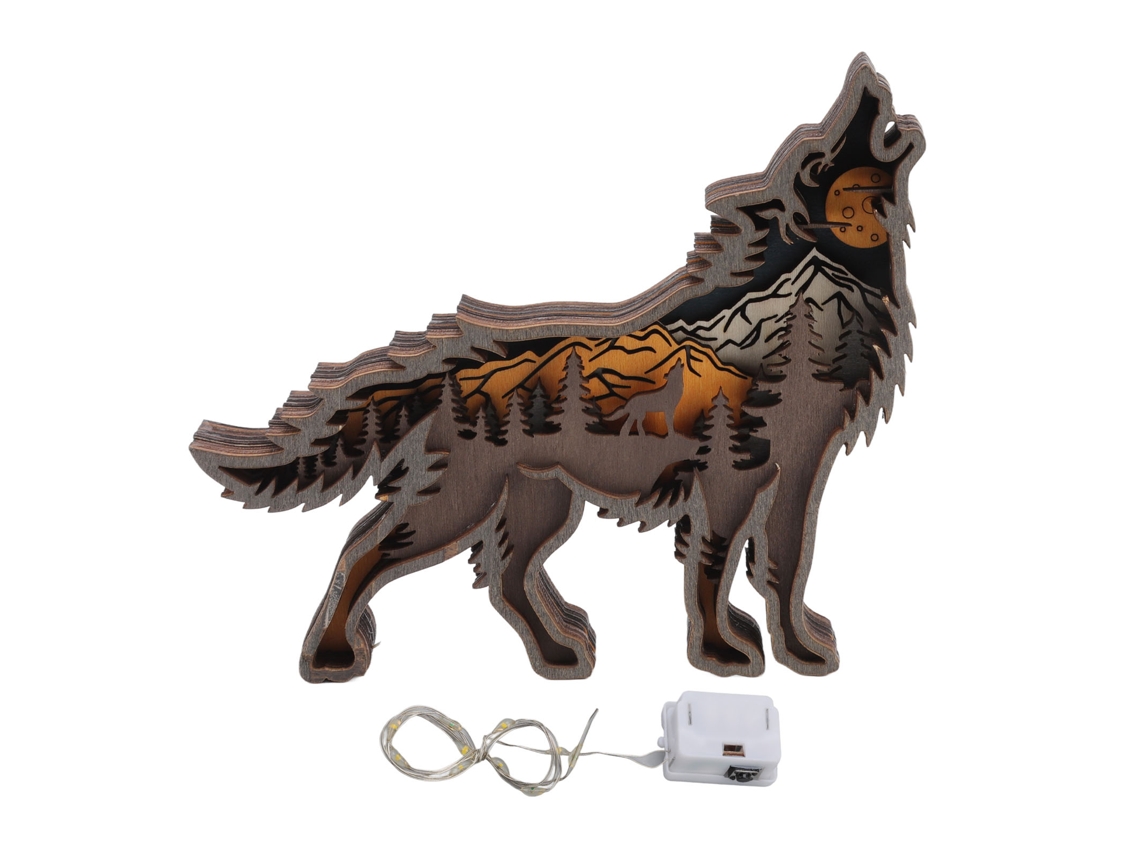 Estatua De Lobo De Madera Con Luces De Alambre, Detalles Refinados, Decorativa, Multicapa, Calada, Regalo Para El Hogar.