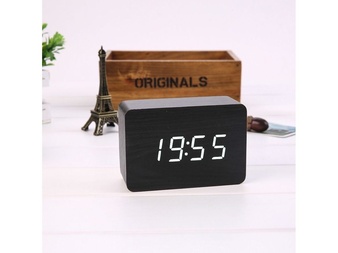 2026-reloj Despertador Digital Led Con Carga Usb, Temperatura, 3 Alarmas, 2 Modos Y 3 Ajustes De Brillo (madera Negra Luz Blanca)