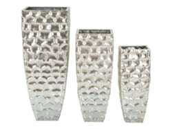 Juego De 3 Jarrones Argy De Metal Plateado, Diseño Cuadrado Con Decoraciones En Relieve, Dimensiones 38x90cm, 30x75cm, 24x62cm - Accesorios De Decoración Glam
