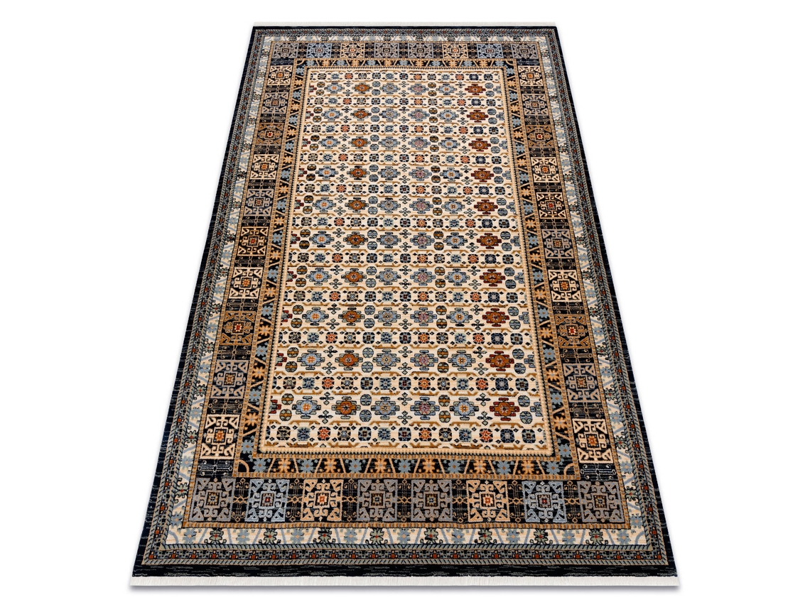 Alfombra Keshan Franjas, Marco Oriental 6428/53551 Beige/Azul Oscuro (160 x 230 cm)
