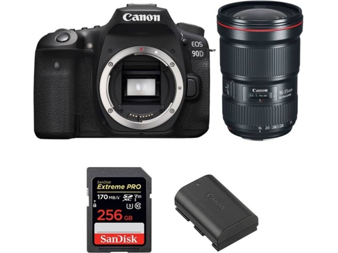 Kit Cámara CANON EOS 90D + EF 16-35mm f/2.8L III USM + SanDisk 256 GB + Batería (APS-C)
