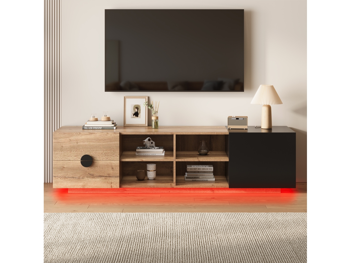 Mueble Para Tv De Madera Y Negro, 180x38,5x47 Cm, 1 Cajón 1 Estante 1 Armario, Organización En Escalones, Para Pantalla Grande