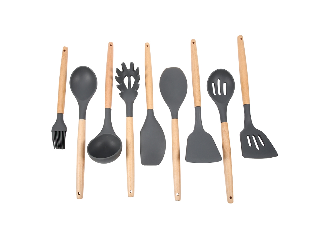 Juego de 9 utensilios de cocina de silicona antiadherentes y resistentes al calor para cocinar y hornear.