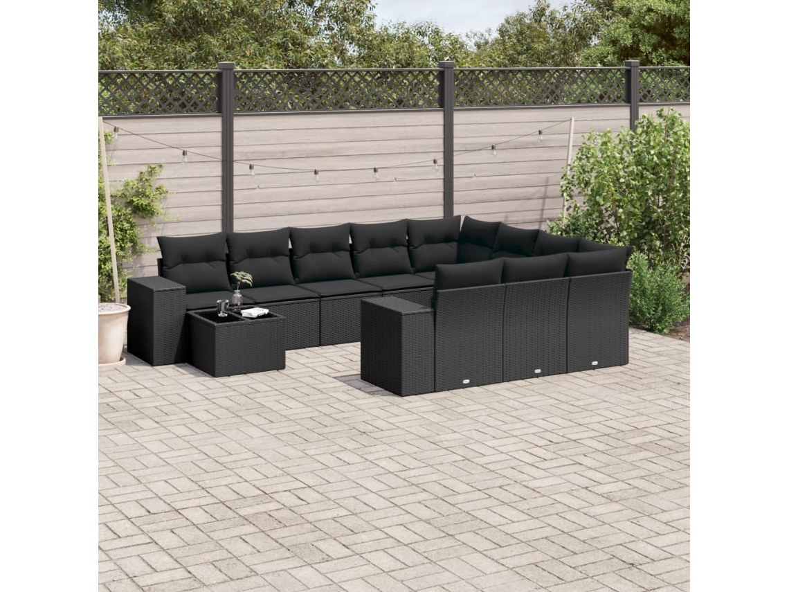 Conjunto de sofá de jardín de 11 piezas con cojines de mimbre sintético negro de DKD Home Decor