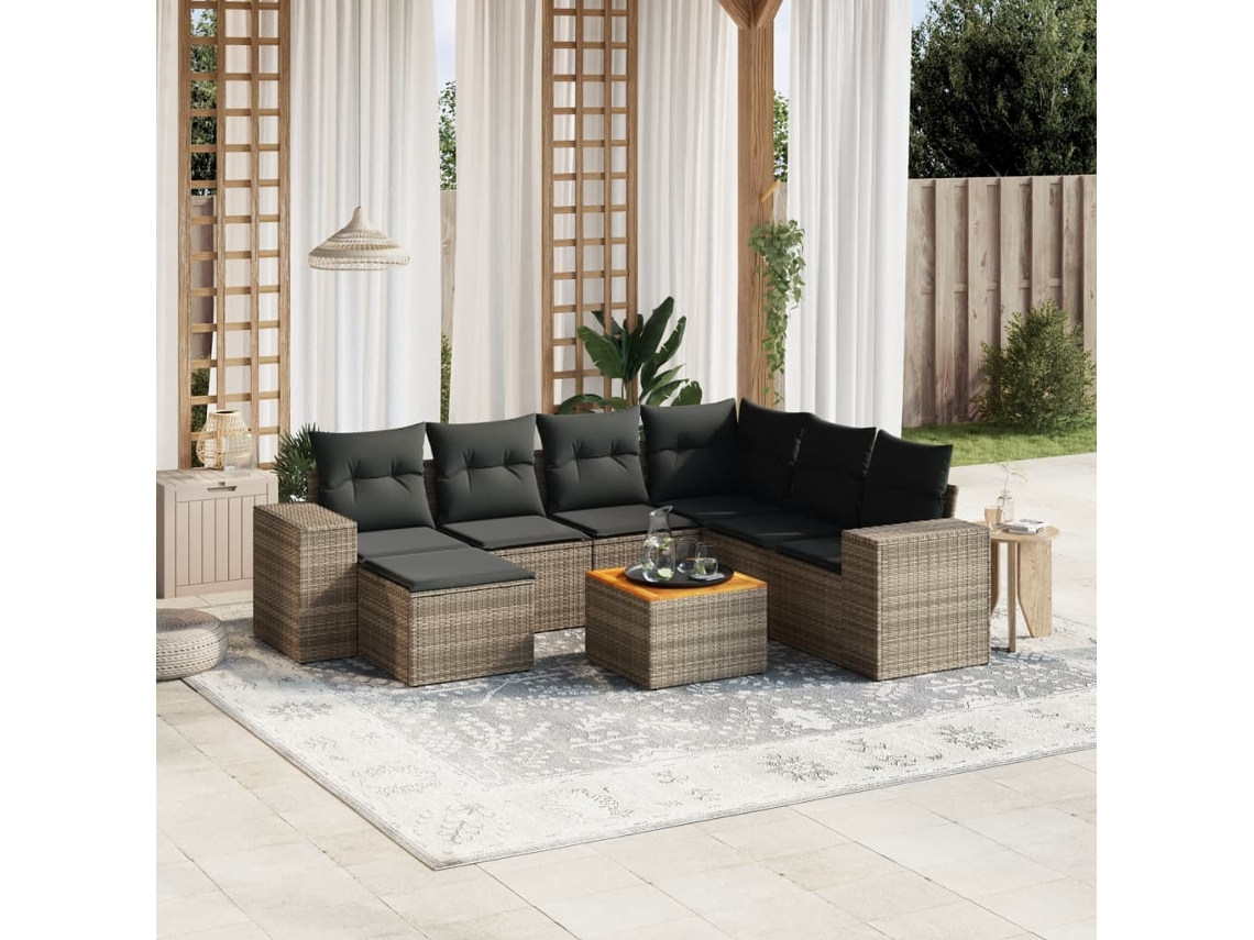 Conjunto de sofá de jardín de 8 piezas con cojines, ratán gris, DKD Home Decor
