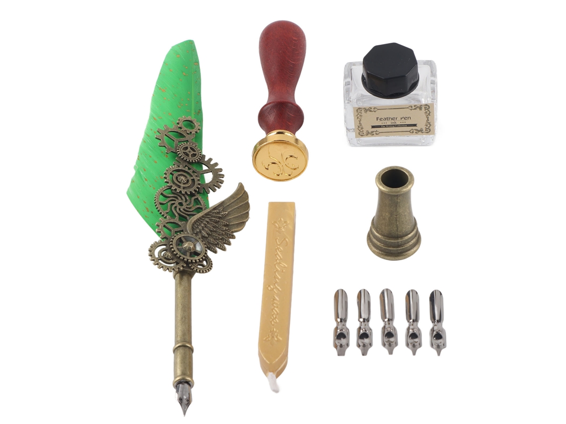 Set De Pluma De Pluma Retro Elegante Con Patrón Exquisito Puntas De Acero Inoxidable Resistente Al Desgaste Kit De Pluma Para Caligrafía Pluma Verde