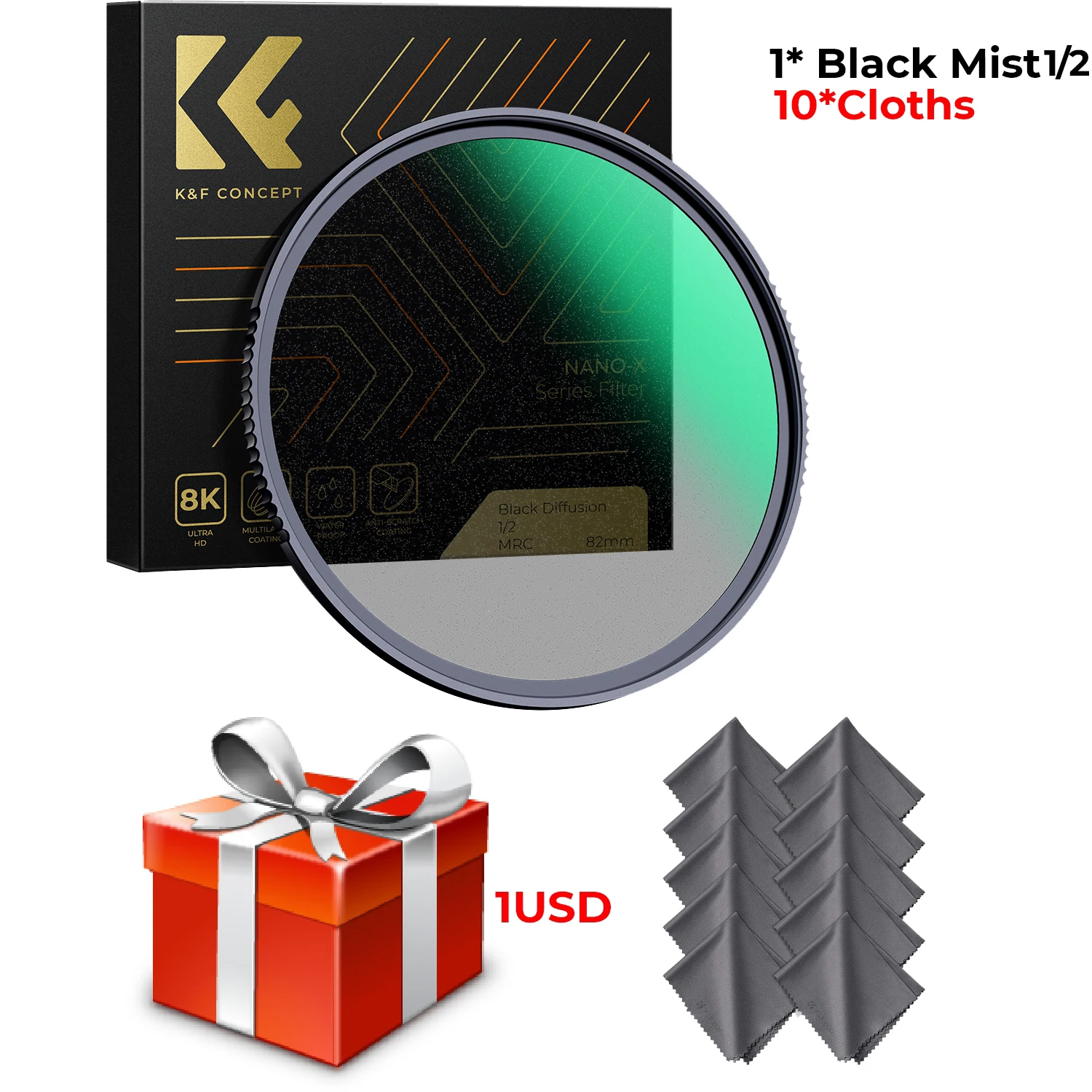 Filtro de efecto de difusión de niebla negra 1/2 y 1/1 para cámara, para grabación de vídeo, con 1 o 2 paños antipolvo negros, 52 mm