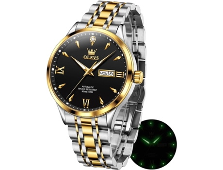 VEANXIN Reloj automático para hombre Calendario mecánico Reloj de negocios de acero inoxidable luminoso resistente al agua(oro negro)