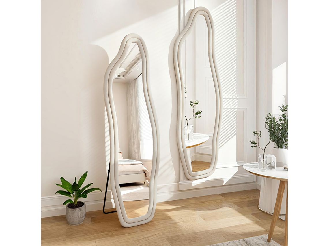 Espejo de cuerpo entero 140x45 cm con marco de terciopelo, espejo de pared ondulado irregular para dormitorio y salón, blanco Rosahqnda