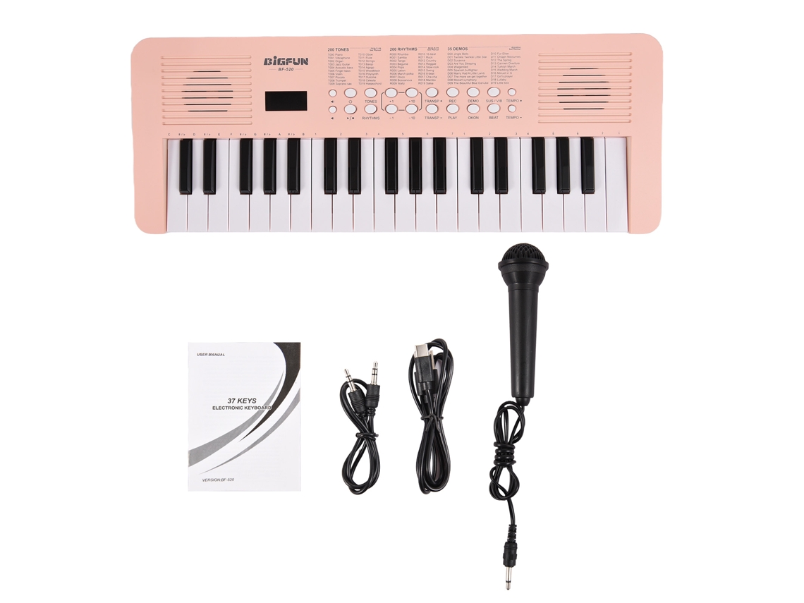 Teclado de piano de 37 teclas con 200 tonos y 200 ritmos, y micrófono.
