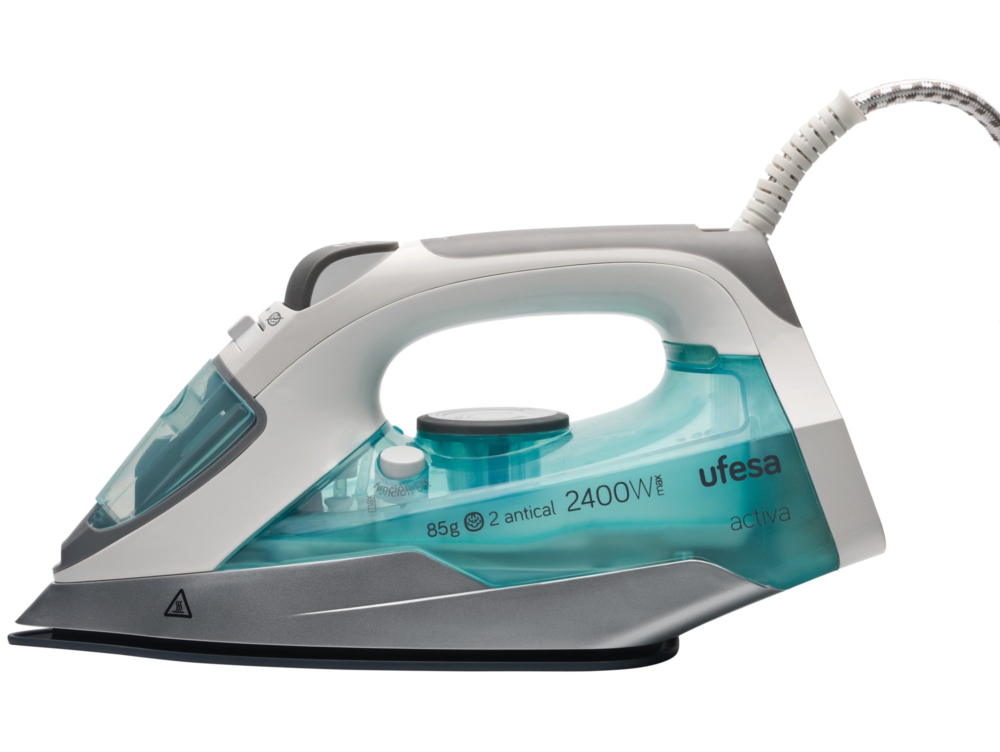 Pv1100 Ufesa Plancha activa 2400w vapor 2085gr 2400 de potencia sistema antigoteo vertical chorro 85 gmin suela