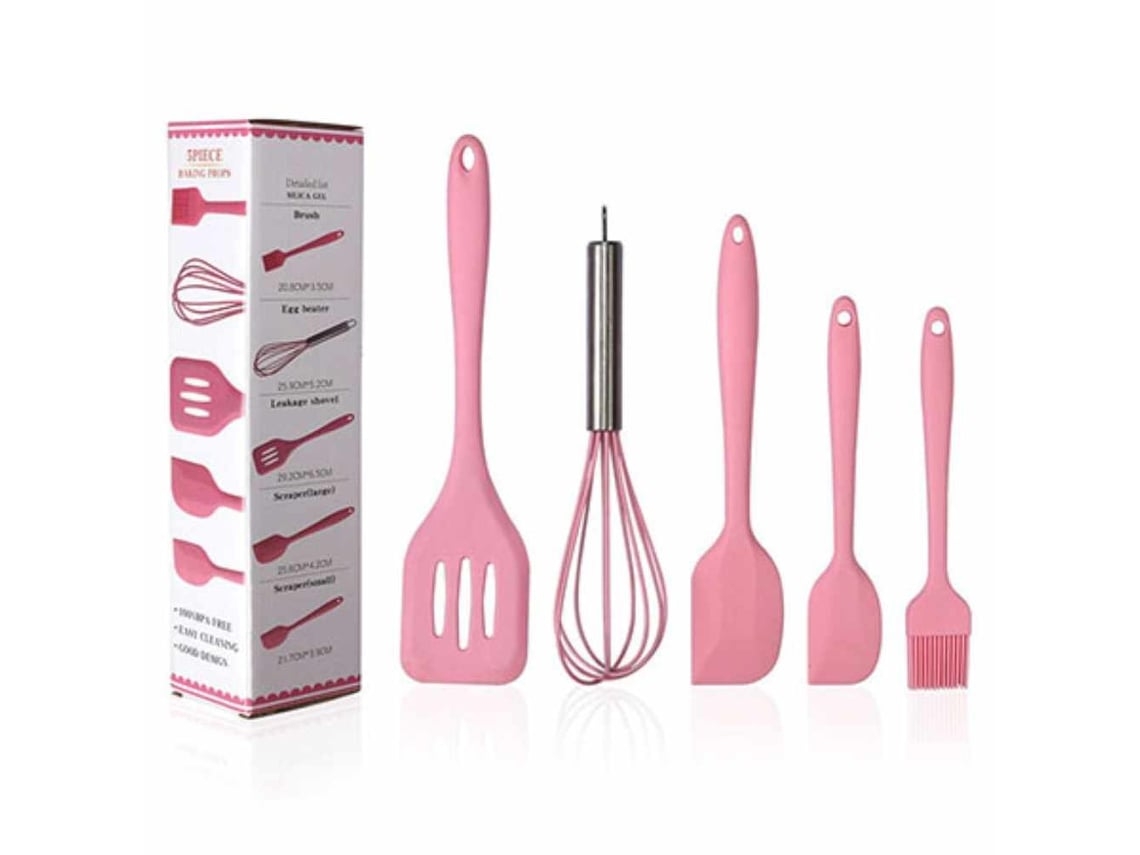 Juego de 5 utensilios de cocina de silicona rosa, resistentes al calor y a los arañazos. ZYBLSSBB