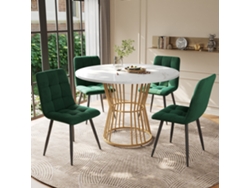 Mesa redonda de 100 cm con 4 sillas en terciopelo verde y dorado.