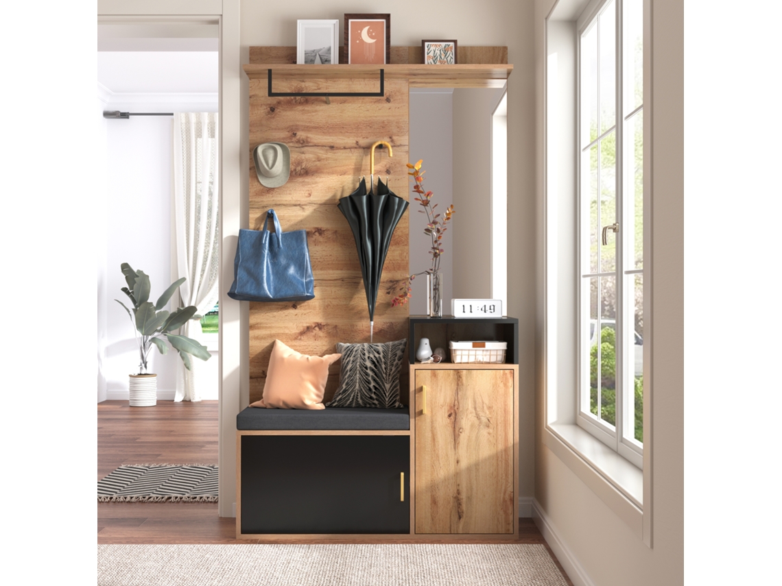 Guardarropa De Entrada Con Espejo Y Zapatero - Altura 190 Cm - Natural Y Negro