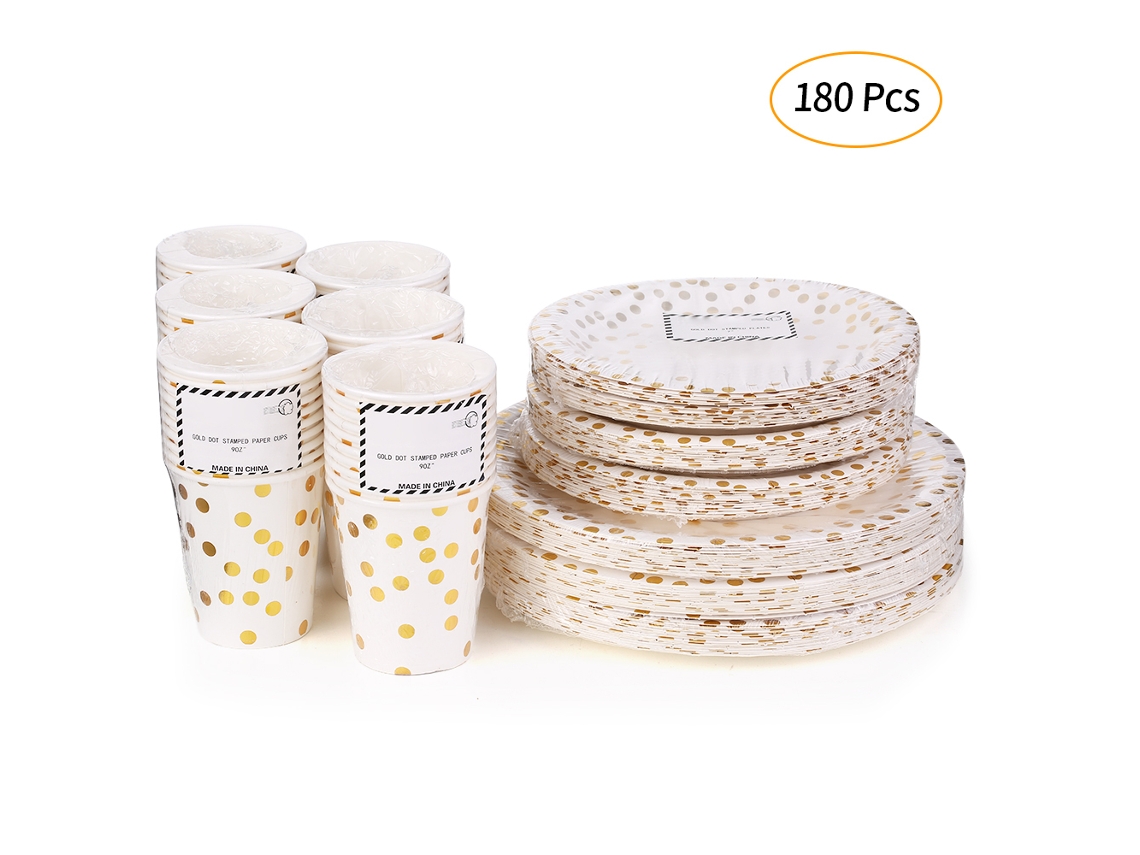 Set De 180 Piezas: 60 Vasos De Papel 9oz + 60 Platos 7" + 60 Platos 9" Desechables Con Puntos Dorados Para Bebidas, Cena Y Postres